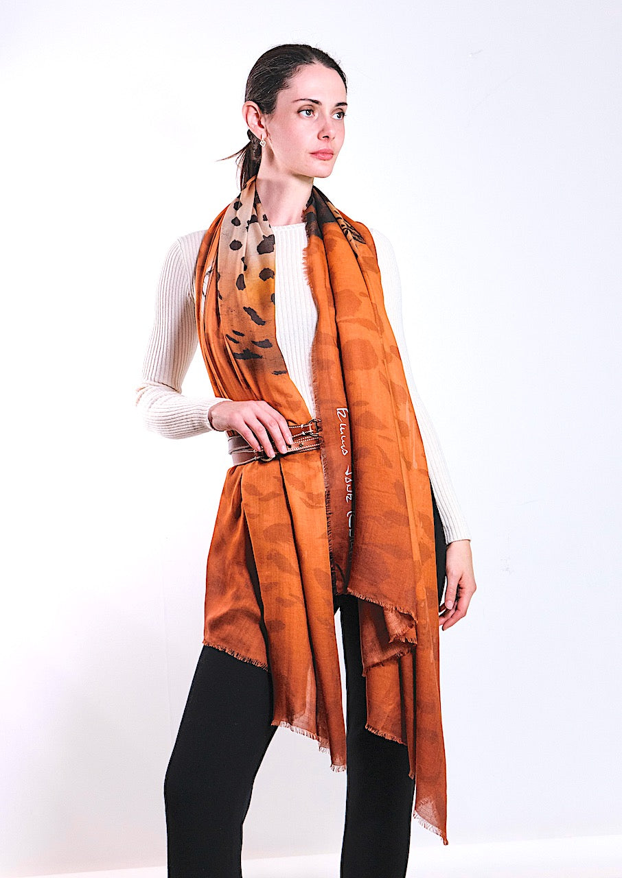 SCARF-SARONG LEOPARD YAWN: BURNT ORANGE