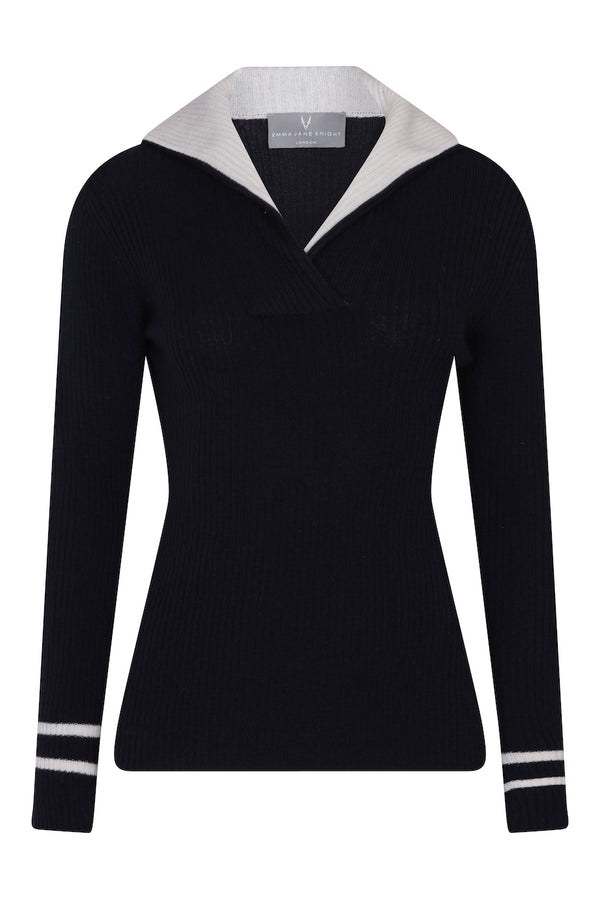 Cashmere ladies rib sweater navy