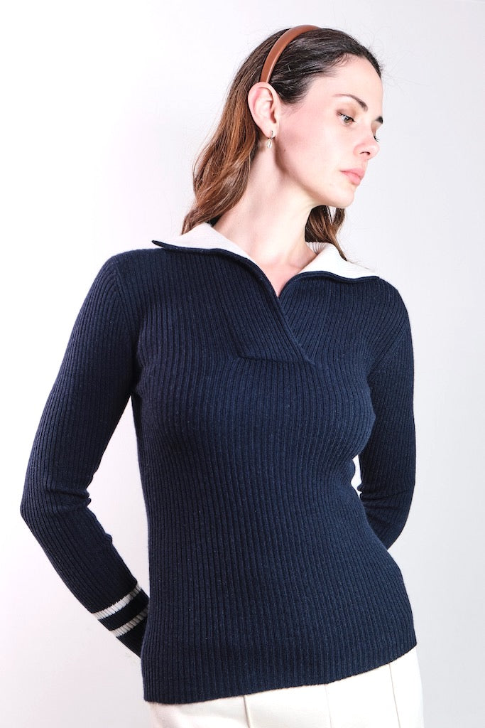 Cashmere ladies rib sweater navy