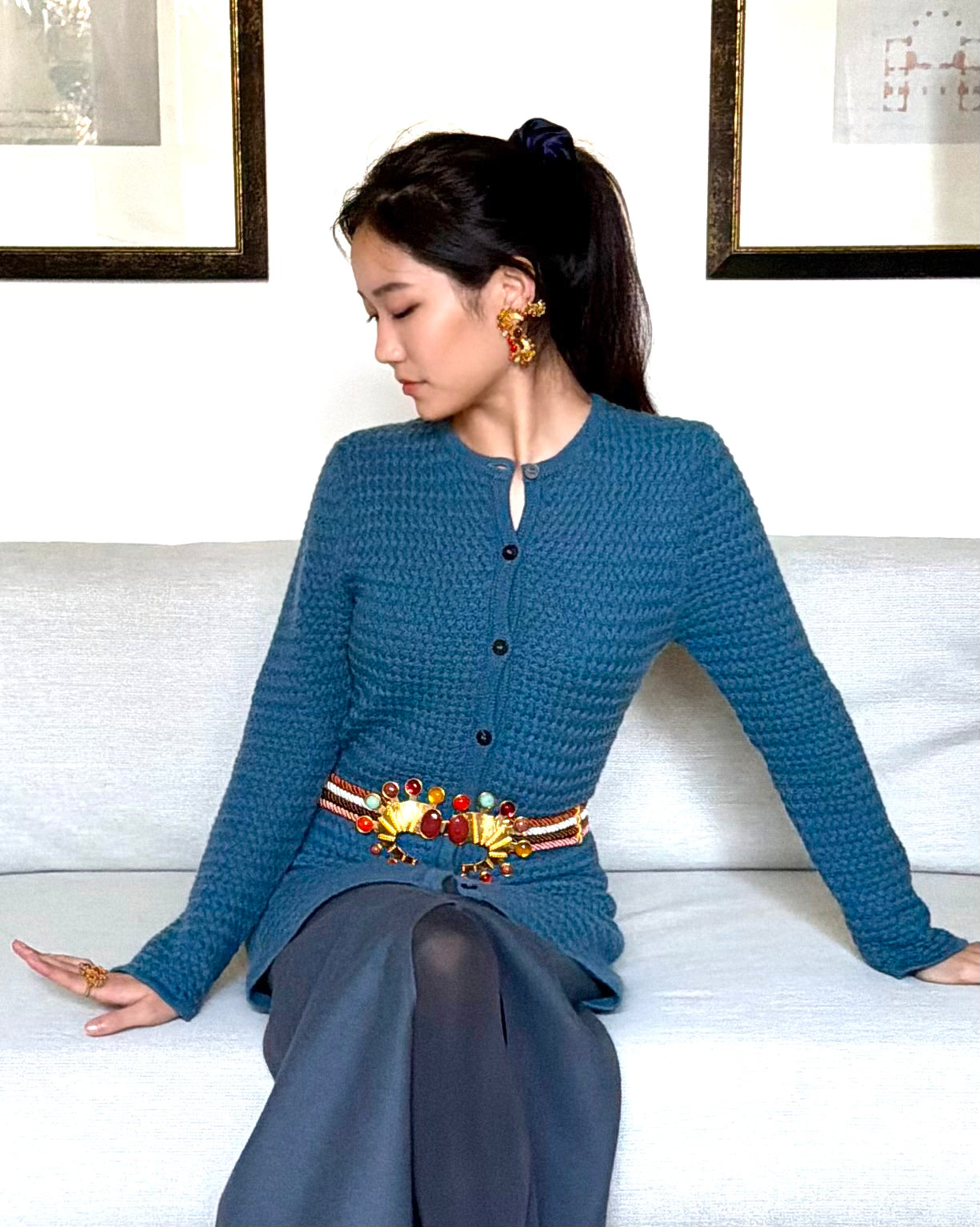 CASHMERE LONG CROSS-STITCH CARDIGAN