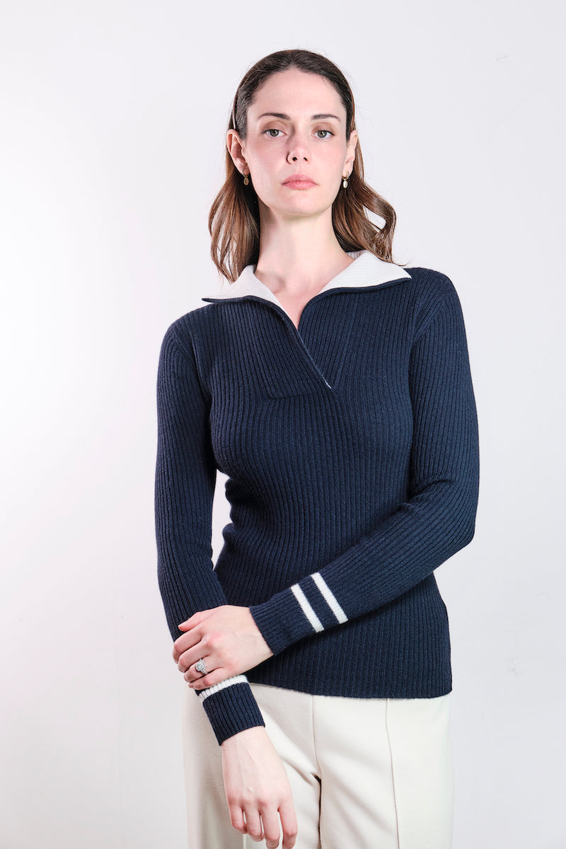 Cashmere ladies rib sweater navy