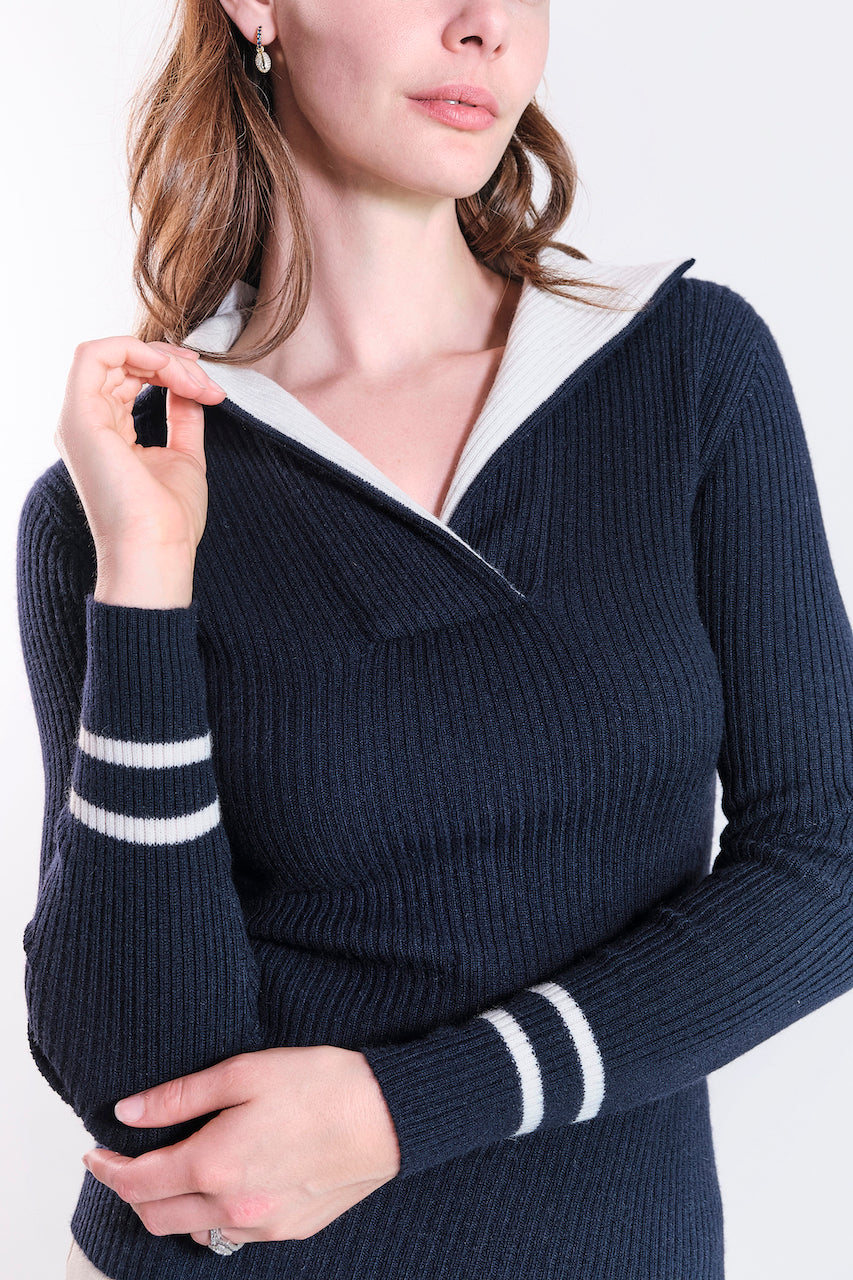 Cashmere ladies rib sweater navy